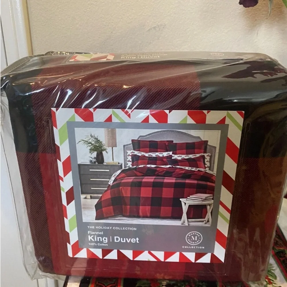 Martha Stewart Buffalo Plaid Flannel Cotton KING Duvet Cover Red / Black $200